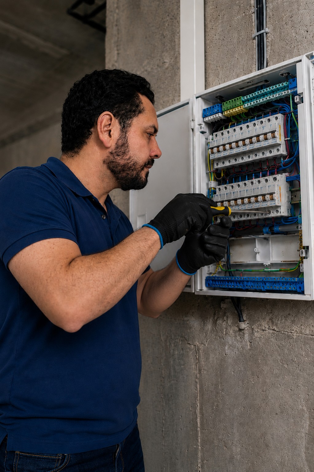 Hélio trabalhando em quadro elétrico